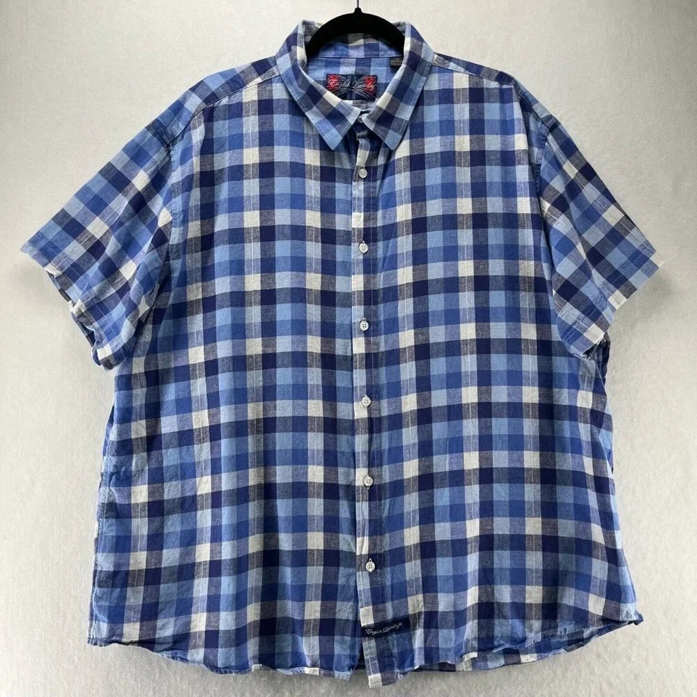 English Laundry Shirt Mens XXL Gingham Button Up Short Sleeve Linen Cotton Blue - Picture 1 of 11